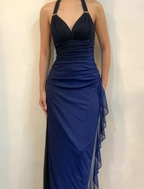 Sexy Halter Ombre Navy Blue V Neck Chiffon Long Prom Dress Party Evening Gown Y7486 by simplepromdress