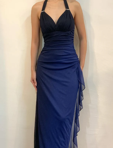 Vestido largo de gasa con escote en V y cuello halter, sexy, azul marino, degradado, para fiesta de graduación, Y7486