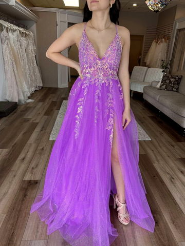 Purple V Neck Tulle Lace Appliques Long Prom Dress High Slit Evening Dress Y7847