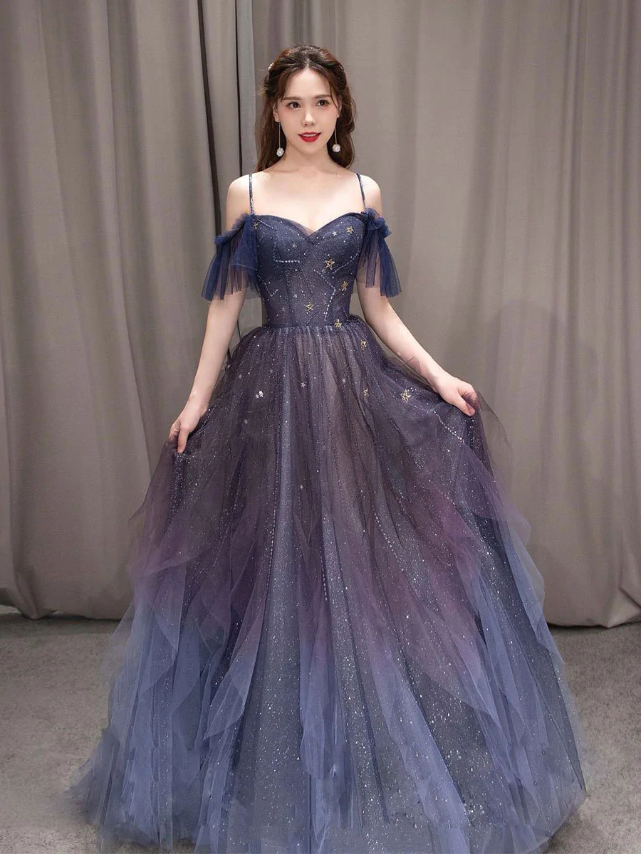 Dark starry sky purple tulle long prom dress A-line evening dress Y924