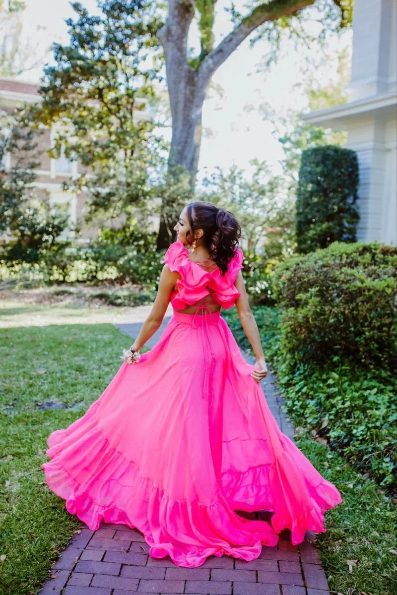 Chiffon A Line Ruffle Prom Dresses for Women V Neck Long Bridesmaid Dresses Backless Formal Evening Gowns Y3043 by simplepromdress