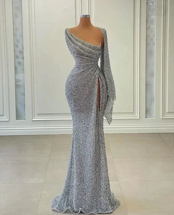 Mermaid Sequin Long Prom Dress Irregular Neckline Charming Evening Gown Y269 by simplepromdress