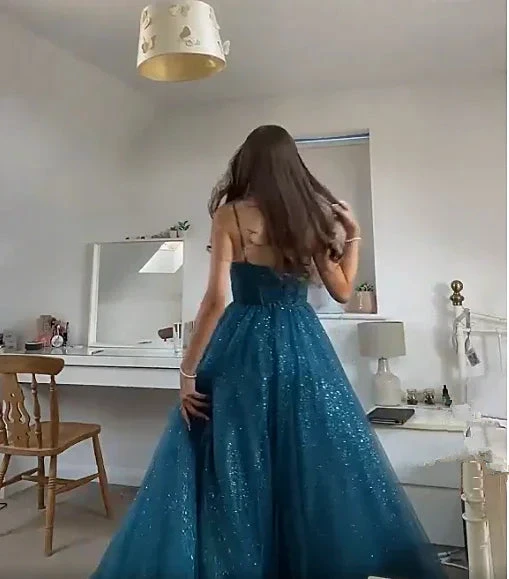 A-line Spaghetti Straps Glitter Tulle Prom Dress Chic Evening Dress Y406 by simplepromdress
