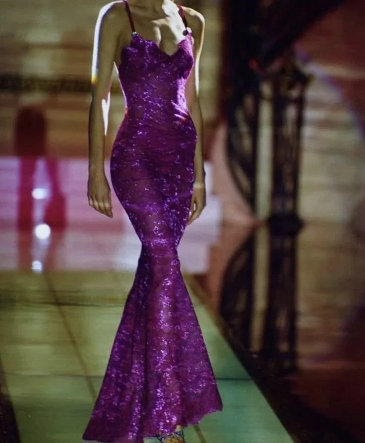 Sexy Lace Mermaid Prom Dress Spaghetti Straps Purple Evening Gown Y8204 by simplepromdress