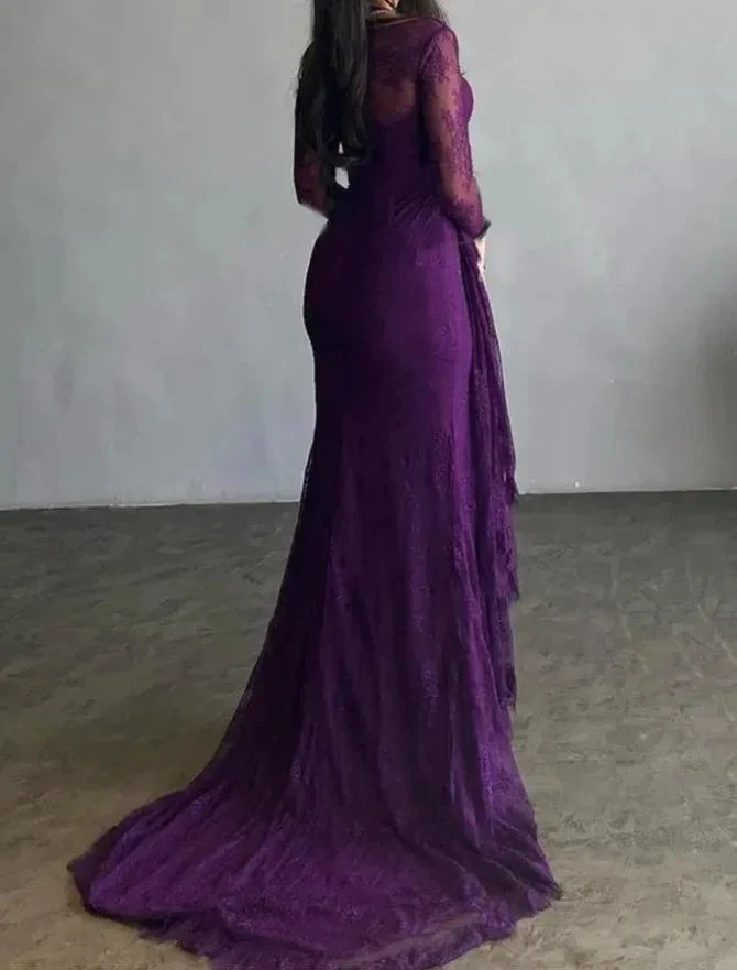Goegeous Mermaid Split-Side Pleated Lace Evening Dress Purple Long Prom Dress Y7766 by simplepromdress