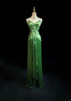 Chic Green Spaghetti Straps Satin Beaded Prom Dress Evening Dress Y8555 by simplepromdress