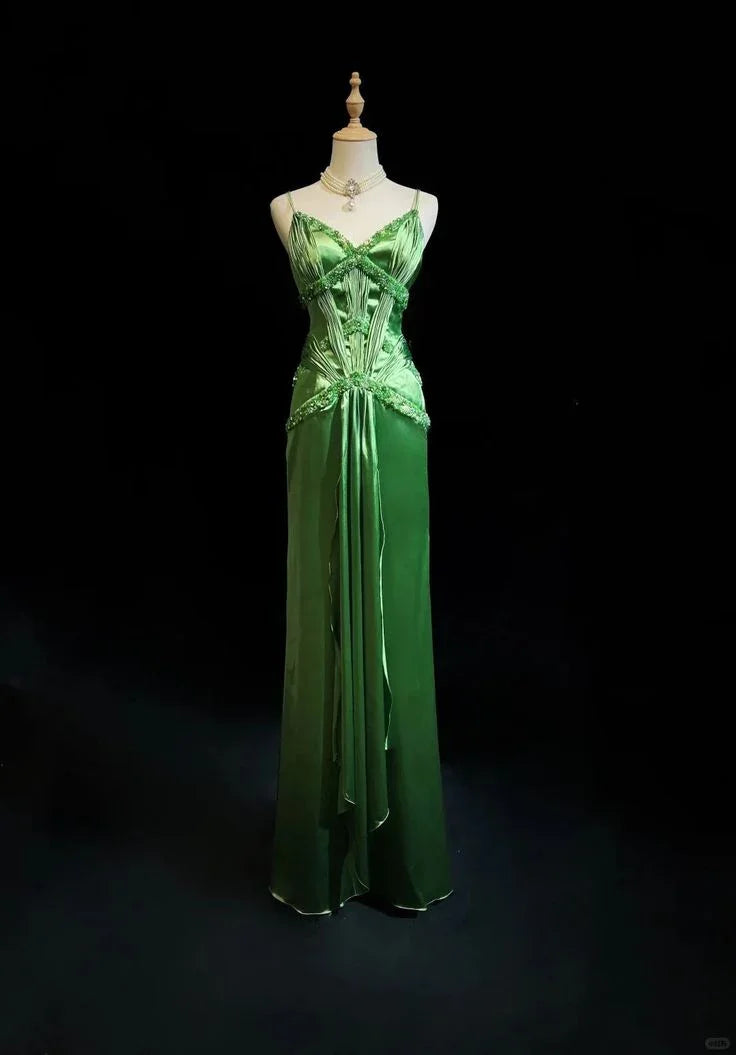 Chic Green Spaghetti Straps Satin Beaded Prom Dress Evening Dress Y8555 by simplepromdress