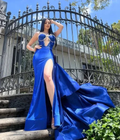 Gorgeous Royal Blue Satin Beaded Mermaid Evening Dress Long Slit Prom Dress Y8526 by simplepromdress