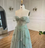 Sage Green A-Line Off The Shoulder Tulle Beaded Evening Dress Formal Prom Dress Y8157 by simplepromdress