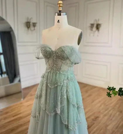 Sage Green A-Line Off The Shoulder Tulle Beaded Evening Dress Formal Prom Dress Y8157 by simplepromdress