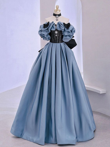 Blue Satin Lace Long Prom Dress Off Shoulder Evening Dress Y5621