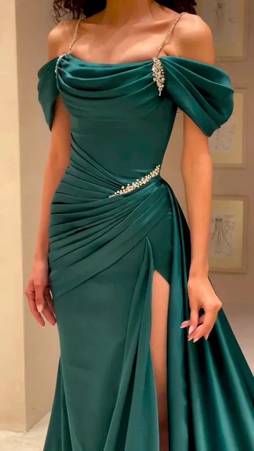 Off-the-Shoulder Mermaid Evening Dress High Split Long With Pleats Beads Y5904 by simplepromdress