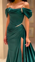 Off-the-Shoulder Mermaid Evening Dress High Split Long With Pleats Beads Y5904 by simplepromdress