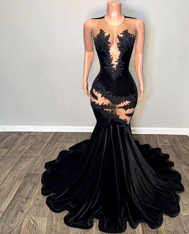 Sexy Lace Applique Prom Dress Black Mermaid Evening Dress Y6497