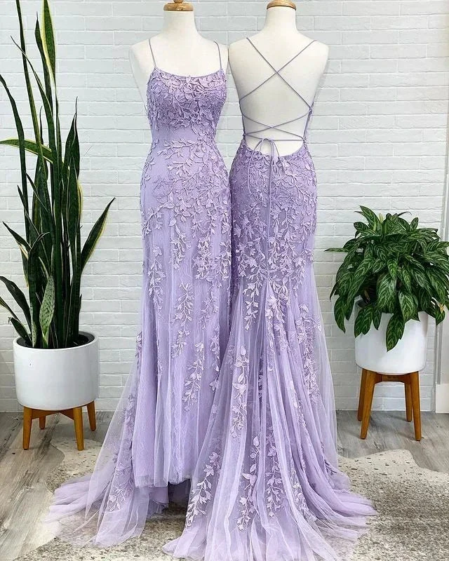 Spaghetti Strap Mermaid Lace Appliques Tulle Prom Dresses Long Criss Cross Backless Formal Evening Dress Y7383 by simplepromdress