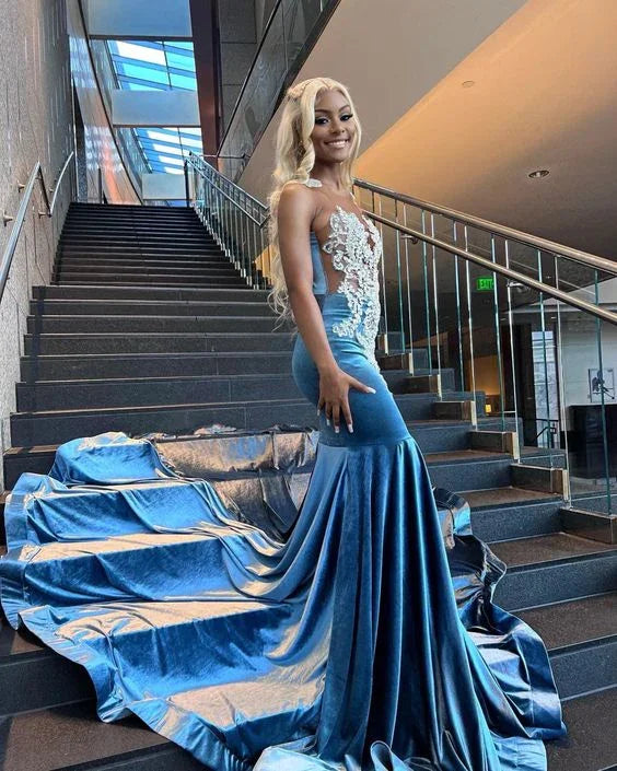 Baby Blue Mermaid Lace African Prom Dress Evening Dress Y4253 by simplepromdress