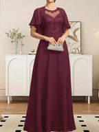 A-line Scoop Illusion Floor-Length Lace Chiffon Mother of the Bride Dress With Sequins by Dreamylily