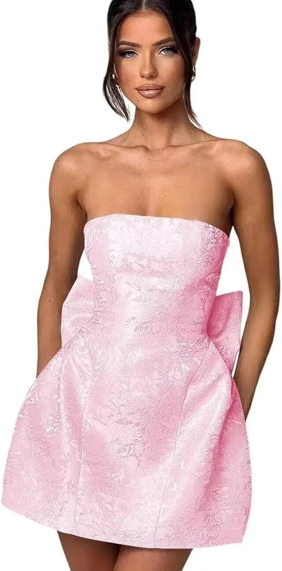 Strapless Short Ball Gown Homecoming Dress Sleeveless Lace up Jacquard Satin Party Dresses with Bow by Biztunnel