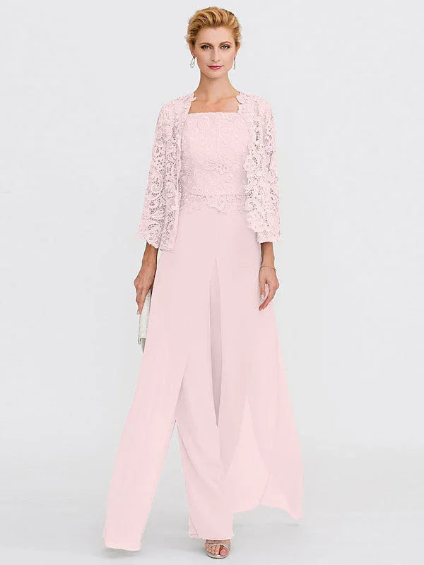 Trajes de pantalón de tres piezas de gasa con escote cuadrado para madre de la novia con chaqueta 