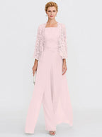 Trajes de pantalón de tres piezas de gasa con escote cuadrado para madre de la novia con chaqueta 