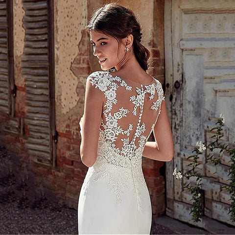 Cap Sleeve Appliques Lace Sheath Wedding Dress  Illusion Bohemian Bridal Gowns Beach Satin Vestido De Novia