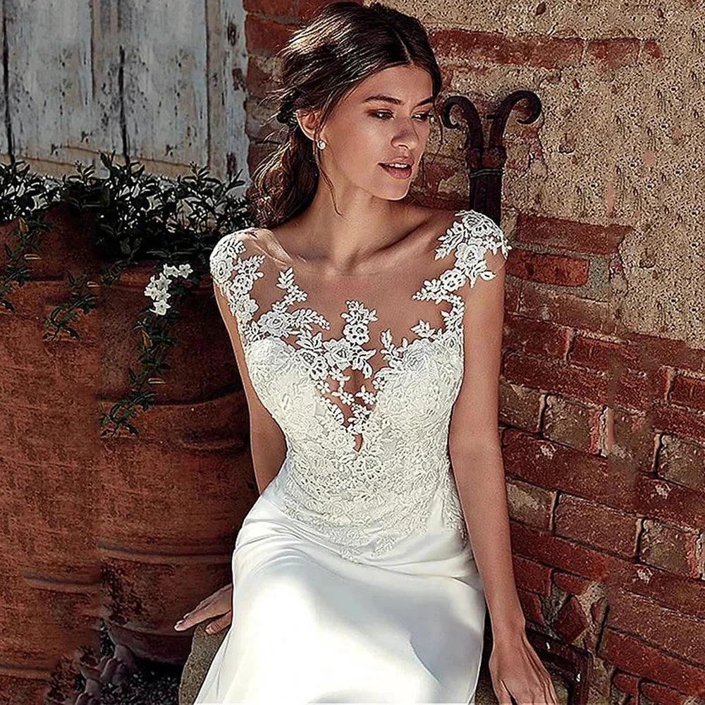 Cap Sleeve Appliques Lace Sheath Wedding Dress Illusion Bohemian Bridal Gowns Beach Satin Vestido De Novia by payinti