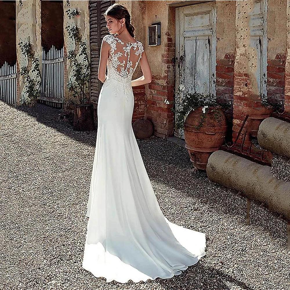 Cap Sleeve Appliques Lace Sheath Wedding Dress Illusion Bohemian Bridal Gowns Beach Satin Vestido De Novia by payinti