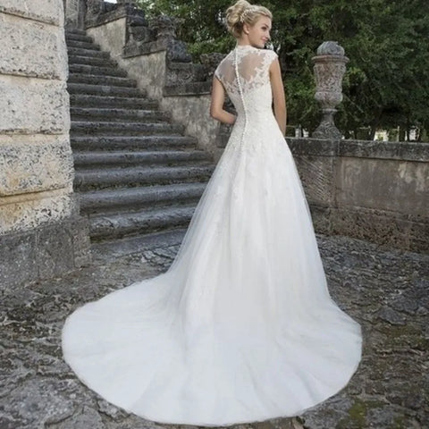 Cap Sleeve Wedding Dresses Amazing Neck Vestidos De Novia Appliques Vestido De Noiva Lace Robe De Mariée