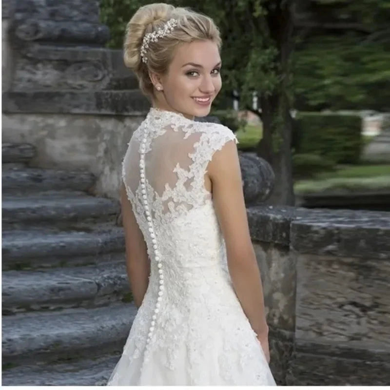 Cap Sleeve Wedding Dresses Amazing Neck Vestidos De Novia Appliques Vestido De Noiva Lace Robe De Mariée by payinti