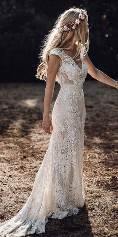 Cap Sleeve Sheath Boho Wedding Dresses Vintage Lace Rustic Wedding Dress MW314