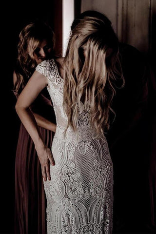 Cap Sleeve Sheath Boho Wedding Dresses Vintage Lace Rustic Wedding Dress MW314