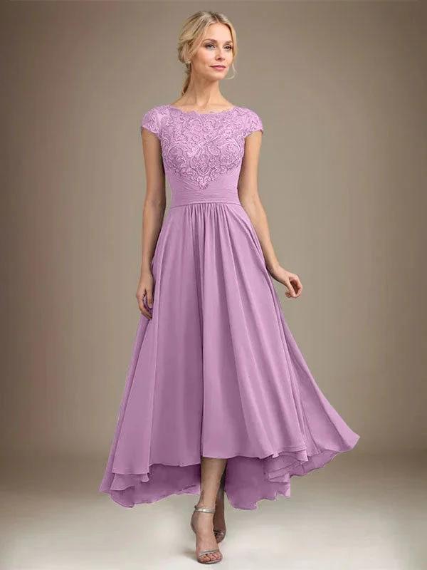 A-line Scoop Illusion Asymmetrical Lace Chiffon Mother of the Bride Dress With Pleated by Dreamylily