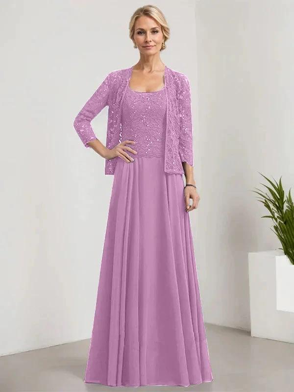 A-line Square Floor-Length Lace Chiffon Mother of the Bride Dress With Sequins by Dreamylily