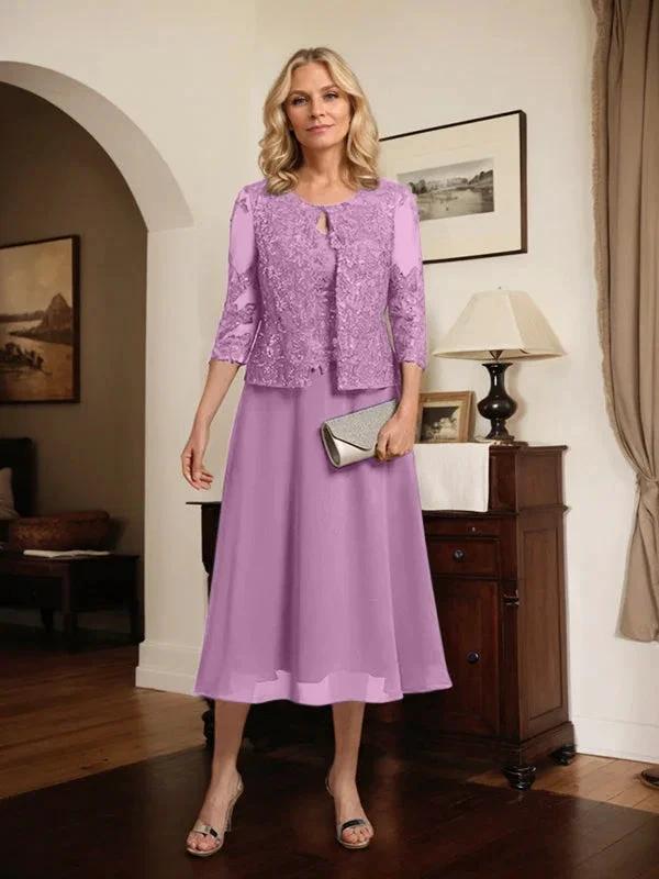 A-line Scoop Tea-Length Lace Chiffon Mother of the Bride Dress With Sequins by Dreamylily