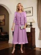 A-line Scoop Tea-Length Lace Chiffon Mother of the Bride Dress With Sequins by Dreamylily