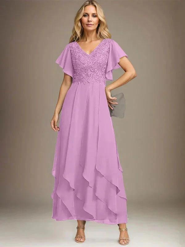 A-line V-Neck Ankle-Length Lace Chiffon Mother of the Bride Dress With Cascading Ruffles by Dreamylily