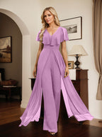 Jumpsuit/Pantsuit V-Neck Floor-Length Chiffon Evening Dress