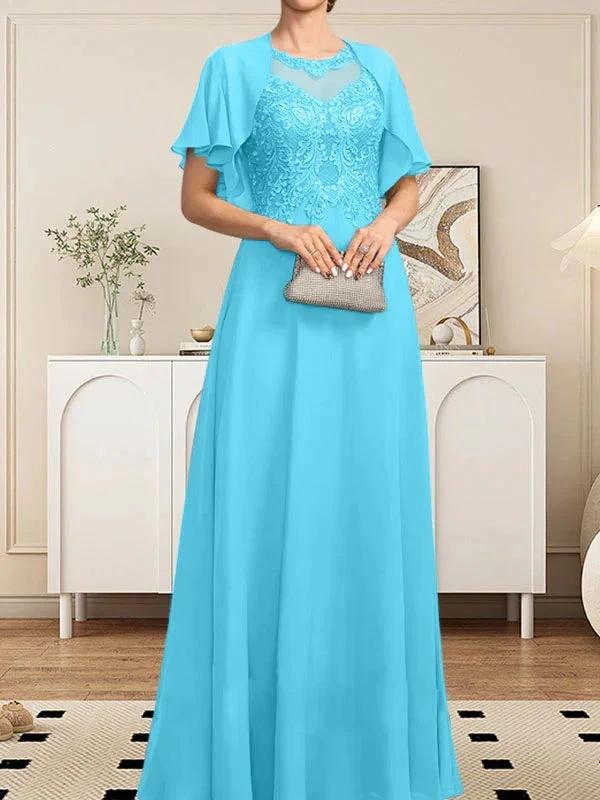 A-line Scoop Illusion Floor-Length Lace Chiffon Mother of the Bride Dress With Sequins by Dreamylily