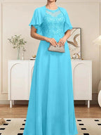 A-line Scoop Illusion Floor-Length Lace Chiffon Mother of the Bride Dress With Sequins by Dreamylily