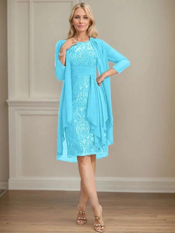 Sheath/Column Scoop Illusion Knee-Length Lace Chiffon Mother of the Bride Dress With Cascading Ruffles Sequins by Dreamylily