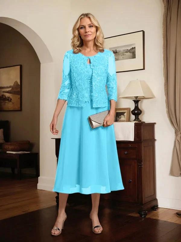 A-line Scoop Tea-Length Lace Chiffon Mother of the Bride Dress With Sequins by Dreamylily