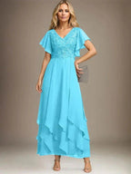 A-line V-Neck Ankle-Length Lace Chiffon Mother of the Bride Dress With Cascading Ruffles by Dreamylily