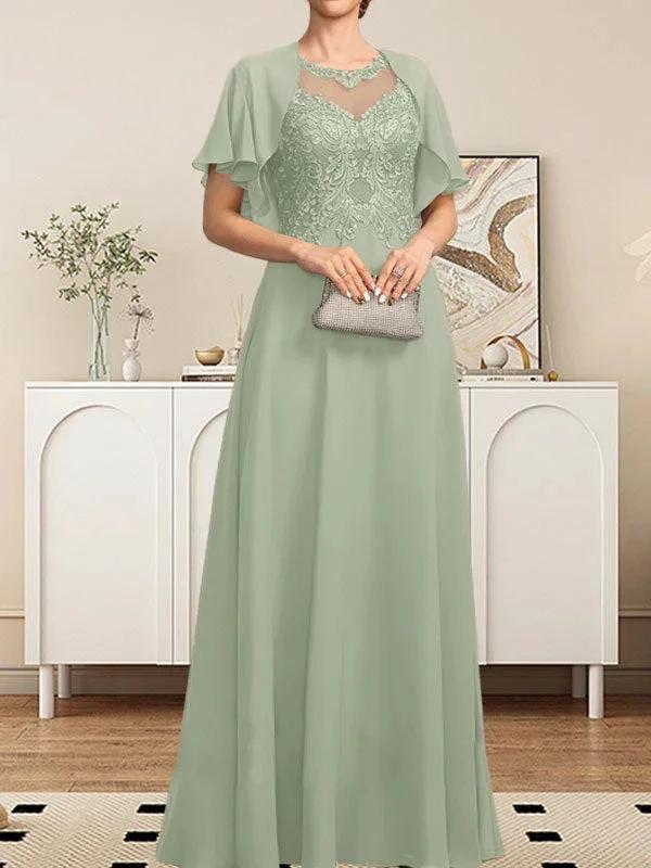A-line Scoop Illusion Floor-Length Lace Chiffon Mother of the Bride Dress With Sequins by Dreamylily