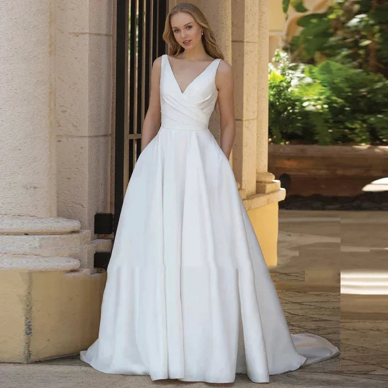 Simple A-Line Wedding Dresses With Pockets Classic V-Neck Sleeveless Backless Satin Bridal Gown Vestidos De Novia New by payinti