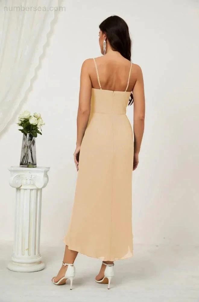 Numbersea Spaghetti Chiffon V Neck Bridesmaid Dress Mid-Length Slit Formal Prom Dress Homecoming Dress 2803 by numbersea