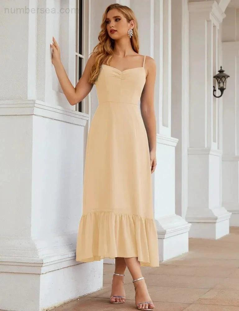 Numbersea Spaghetti Strap Chiffon Bridesmaid Dress Ankle Length Formal A Line Cocktail Party Homecoming Dress for Juniors SEA28028 by numbersea