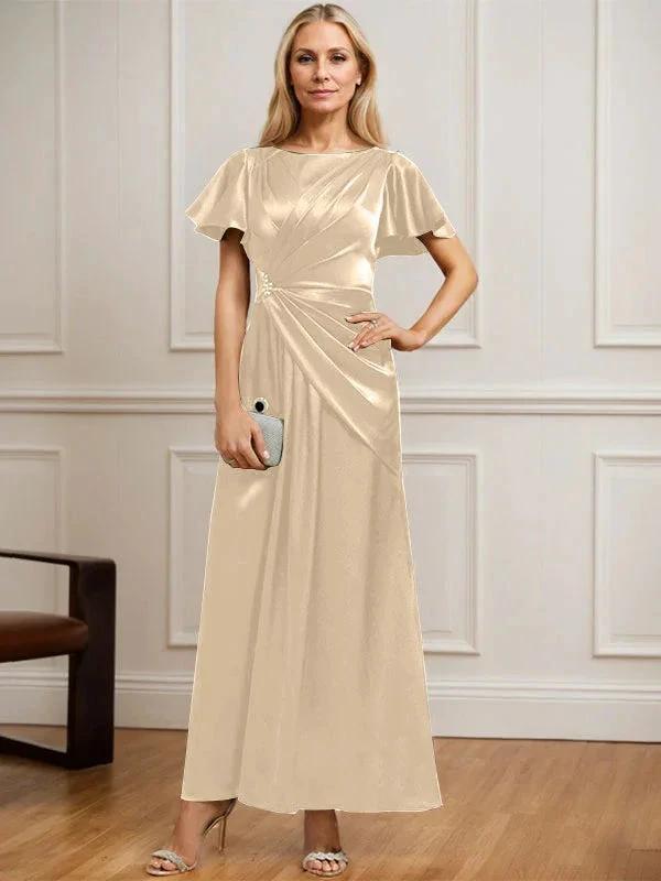 A-line Scoop Ankle-Length Stretch Satin Mother of the Bride Dress With Pleated Beading by Dreamylily