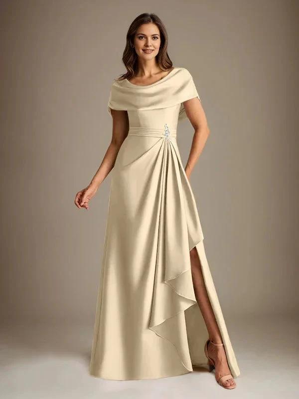 A-Line Scoop Floor-Length Stretch Satin Mother of the Bride Dress With Cascading Ruffles by Dreamylily
