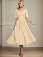 A-line V-Neck Tea-Length Lace Chiffon Mother of the Bride Dress With Sequins by Dreamylily