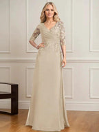 A-line V-Neck Floor-Length Lace Chiffon Mother of the Bride Dress With Pleated Sequins by Dreamylily